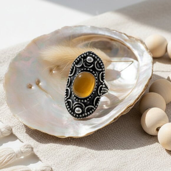 🆕️ Boho Vintage Statement Ring | Yellow Onyx Gemstone | Adjustable Size 8-10 - Picture 14 of 14